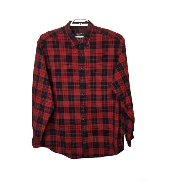 Eddie Bauer Mens Size XL Tall Button Down Shirt Red Black Plaid Long Sleeves - Picture 1 of 7